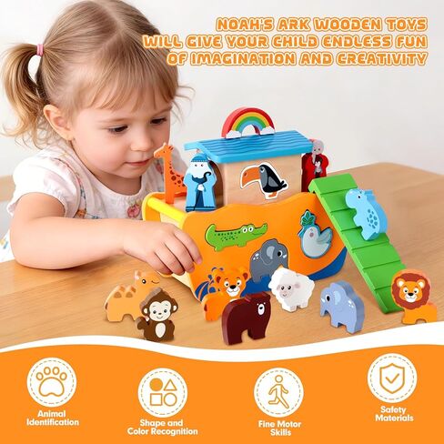 Hoarosall 27-Piece Wooden Noah's Ark Toy for 1-3 Year Olds Baptism Christmas Birthday Gift Bilingual Bible Story Montessori Shape Sorter Christian Educational Toy for Boys Girls in Kuwait