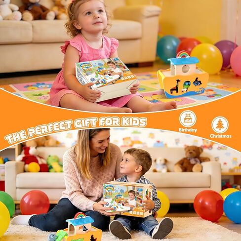 Hoarosall 27-Piece Wooden Noah's Ark Toy for 1-3 Year Olds Baptism Christmas Birthday Gift Bilingual Bible Story Montessori Shape Sorter Christian Educational Toy for Boys Girls in Kuwait