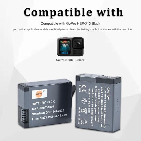 بطارية DSTE قطعتين AHDBT-1301 مع شاحن مزدوج متوافق مع GoPro Hero 13، AHDBT-1301PR in Kuwait