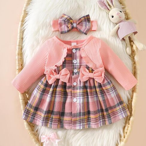 Baby Girl Pink Plaid Dress Long Sleeve Faux Cardigan Outfit Headband Set 2Pcs Spring Fall Infant Clothes Gift in Kuwait