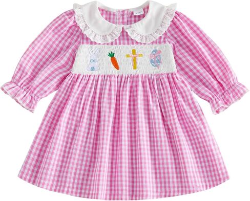Toddler Baby Girl Easter Dress Bunny Carrot Egg Cross Embroidered Plaid Doll Collar Long Sleeve Dresses Clothes in Kuwait
