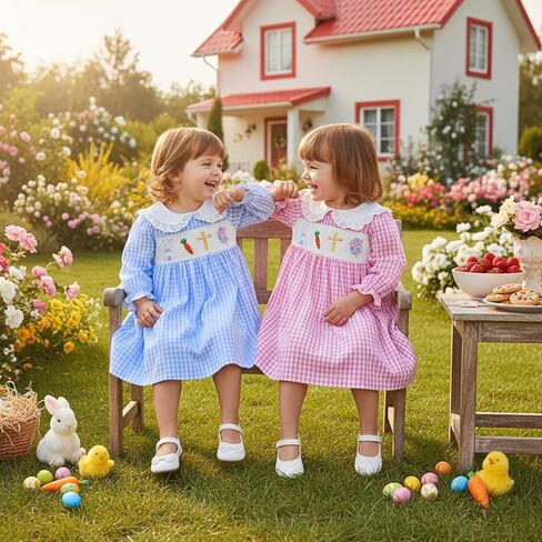 Toddler Baby Girl Easter Dress Bunny Carrot Egg Cross Embroidered Plaid Doll Collar Long Sleeve Dresses Clothes in Kuwait