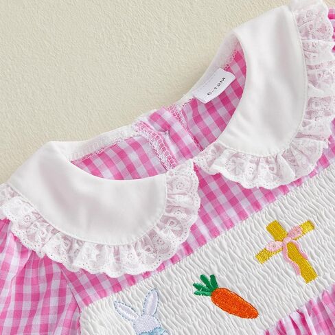 Toddler Baby Girl Easter Dress Bunny Carrot Egg Cross Embroidered Plaid Doll Collar Long Sleeve Dresses Clothes in Kuwait
