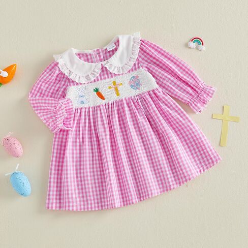 Toddler Baby Girl Easter Dress Bunny Carrot Egg Cross Embroidered Plaid Doll Collar Long Sleeve Dresses Clothes in Kuwait
