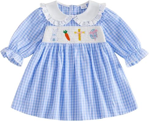 Toddler Baby Girl Easter Dress Bunny Carrot Egg Cross Embroidered Plaid Doll Collar Long Sleeve Dresses Clothes in Kuwait