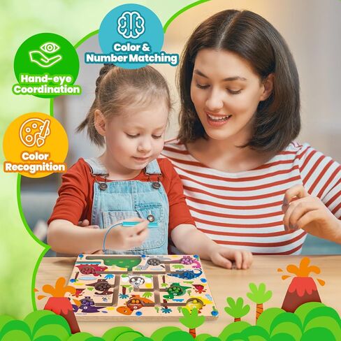 متاهة اللون المغناطيسي والرقم ، لوحة ألغاز التعلم المطابقة ، لعبة Montessori Counting Learning Guzzle ، لعبة Dinosaur Wooden Magnet Maze ، ألعاب Toddler Fine Motor Market in Kuwait