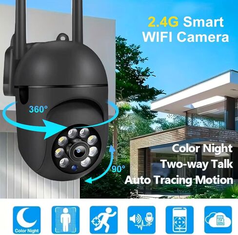 1080P Outdoor Security Camera, Home Security Camera for Kids Pet Monitor, Wireless WiFi Camera Surveillance 360° Panorama, 2-Way Audio, Night Vision, Motion Tracking, Cloud & SD Card Storage, Black in Kuwait