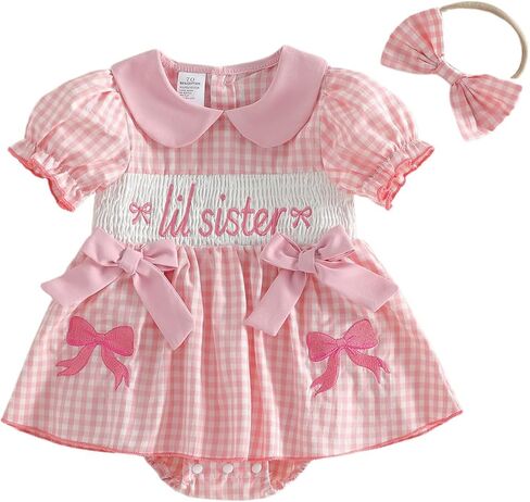 Big Sister Little Sister Matching Outfits Newborn Baby Girl Summer Smocked Romper Shirt Toddler Short Sleeve Dress in Kuwait