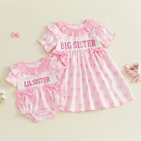 GOOCHEER Big Sister Lil Sister Matching Outfit Summer Newborn Short Sleeve Smocked Romper Toddler Ruffle Plaid Dress Clothes in Saudi Arabia