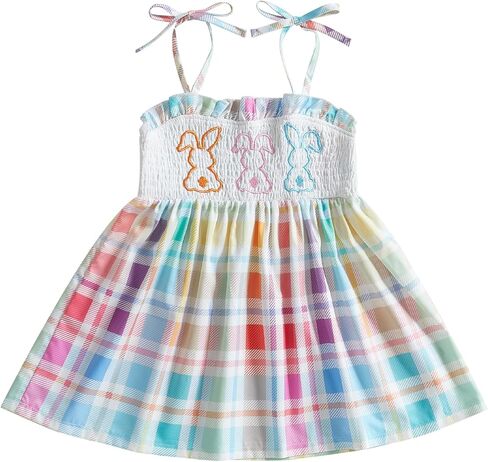 Little Kids Toddler Easter Dresses for Girls Cute Sleeveless Lace Up Shoulder Plaid Baby Girl Bunny Outfit in Saudi Arabia
