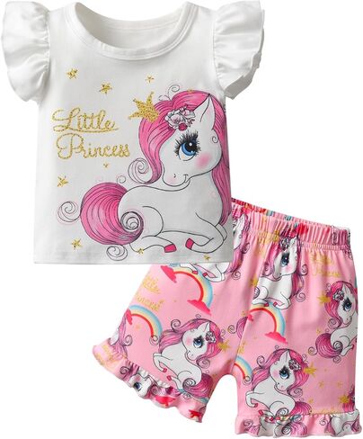 Baby Girl Clothes Toddler Girls Summer Outfits Infant Short Sleeve Cute Cartoon Ruffle Shirts Tops Shorts Set in Kuwait
