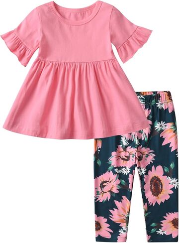 Baby Girl Clothes Infant Toddler Girl Outfit Rufffle Short Sleeve Shirts Top Pants Little Girls Clothes in Saudi Arabia