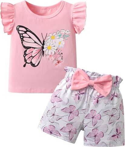 Toddler Girl Clothes Ruffle Top Butterfly Shorts Cute Toddler Girls Summer Outfits 2Pcs Clothing Set in Saudi Arabia