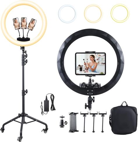 Large Ring Light with Stand, 19" Ring Light with 75" Tripod & Wheels, 6500K Dimmable Ringlight for ipad Phone Holder, Selfie Light for Live Tattoo Makeup Barber Video Recording Photography Lighting in Kuwait
