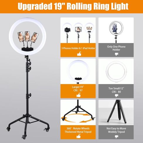 Large Ring Light with Stand, 19" Ring Light with 75" Tripod & Wheels, 6500K Dimmable Ringlight for ipad Phone Holder, Selfie Light for Live Tattoo Makeup Barber Video Recording Photography Lighting in Kuwait