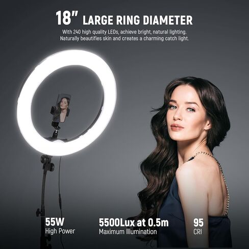 طقم ضوء حلقة 18 بوصة من NEEWER: 55 وات 5600 كلفن LED احترافي مع حامل وحامل هاتف لإضاءة تصوير الفيديو لمكياج الوشم والرموش الحلاق، RL-18 مع ميكروفون لاسلكي CM28 in Kuwait