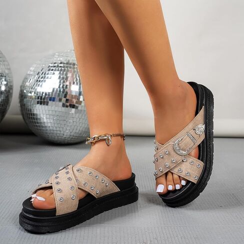 Women's Denim Cross Strap Platform Slides Sandals with Buckle Fashion Comfortable Studded Slip On Non-Slip Beach Mules For Casual Party Date Walking in Saudi Arabia