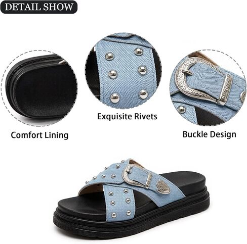 Women's Denim Cross Strap Platform Slides Sandals with Buckle Fashion Comfortable Studded Slip On Non-Slip Beach Mules For Casual Party Date Walking in Saudi Arabia