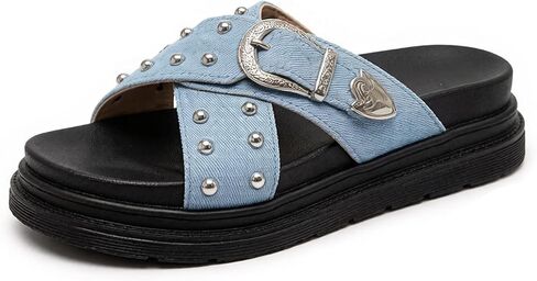صنادل نسائية من قماش الدنيم بحزام متقاطع مع إبزيم، موضة مريحة مرصعة سهلة الارتداء، أحذية شاطئ غير قابلة للانزلاق من أجل الحفلات غير الرسمية والمشي in Kuwait