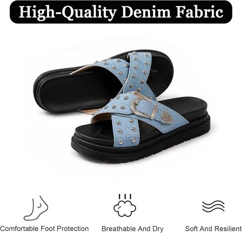 Women's Denim Cross Strap Platform Slides Sandals with Buckle Fashion Comfortable Studded Slip On Non-Slip Beach Mules For Casual Party Date Walking in Saudi Arabia