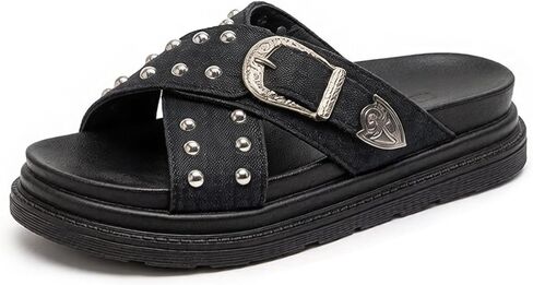 Women's Denim Cross Strap Platform Slides Sandals with Buckle Fashion Comfortable Studded Slip On Non-Slip Beach Mules For Casual Party Date Walking in Saudi Arabia
