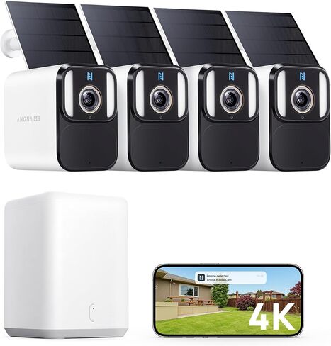 كاميرات أمان Anona 4K تعمل بالطاقة الشمسية، نظام SmartBase للمنزل الخارجي اللاسلكي، 4 كاميرات، تعمل بالطاقة الشمسية، رؤية ليلية ملونة بدقة 8 ميجابكسل، تسجيل AOV على مدار الساعة طوال أيام الأسبوع، بدون رسوم شهرية، اكتشاف الذكاء الاصطناعي، إعداد سهل، IP67 in Kuwait