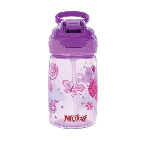 زجاجة مياه Nuby Kids Flip-it Reflex Push Button مطبوعة أثناء التنقل مع صنبور ناعم - 12 أونصة / 360 مل، 18+ شهرًا، عبوة واحدة - فراشات in Kuwait