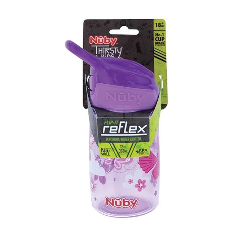 زجاجة مياه Nuby Kids Flip-it Reflex Push Button مطبوعة أثناء التنقل مع صنبور ناعم - 12 أونصة / 360 مل، 18+ شهرًا، عبوة واحدة - فراشات in Kuwait