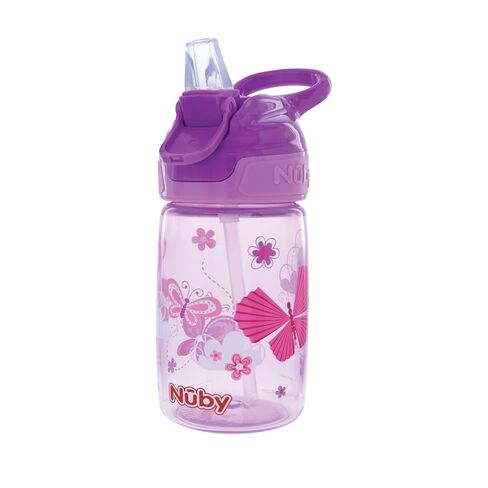 زجاجة مياه Nuby Kids Flip-it Reflex Push Button مطبوعة أثناء التنقل مع صنبور ناعم - 12 أونصة / 360 مل، 18+ شهرًا، عبوة واحدة - فراشات in Kuwait