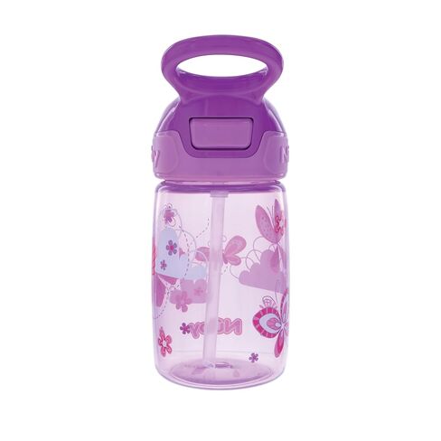 زجاجة مياه Nuby Kids Flip-it Reflex Push Button مطبوعة أثناء التنقل مع صنبور ناعم - 12 أونصة / 360 مل، 18+ شهرًا، عبوة واحدة - فراشات in Kuwait