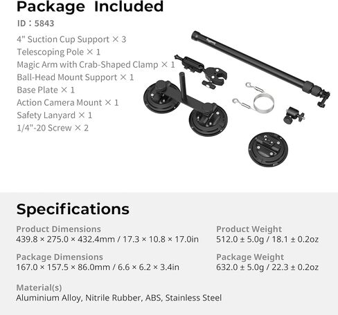 SMALLRIG Car Mount for Insta360 X5/X4/X3, for DJI OSMO 360 Camera, for GoPro, Triple Suction Cup Mount Kit with 120cm/47.2" Invisible Telescopic Selfie Stick, Ball Head, Magic Arm Clamp, Adapter -5843 in Kuwait