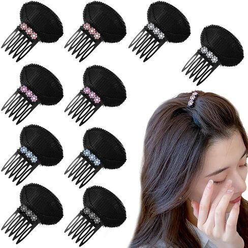 KuuGuu 10 PCS Rhinestone Flower Hair Volumizing Clips with Comb Hair Cushion Fashionable Non-Slip Invisible Fluffy Hair Pad Clip with Sponge Inserts Puffy Voluminous Hairstyles for Women Girls in Kuwait