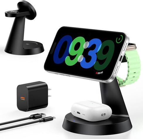 محطة شحن 3 في 1 لأجهزة Apple، شاحن لاسلكي سريع بقدرة 15 وات متوافق مع حامل شحن MagSafe لسلسلة iPhone 17 16 15 14 13 12، حامل شاحن الساعة لساعات Apple وAirpods in Kuwait