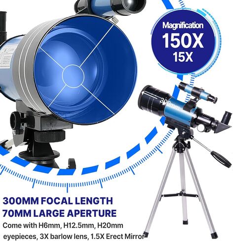 iMeshbean Telescope for Adults&Beginners,70mm Aperture (15X-150X) Astronomical Refractor Telescope,300mm Portable Travel Telescope with A Finder Scope,Moon Filter,Phone Adapter for Astronomy Beginners in Kuwait
