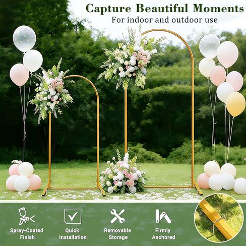 Metal Arch Backdrop Stand Set of 3 (6/6.6/7.2ft), Stable Background Stand with 12Ground Nails, Arch Frame for Wedding, Birthday, Baby Shower, Bridal Shower, Garden Decor, Party Decoration, Gold in Kuwait