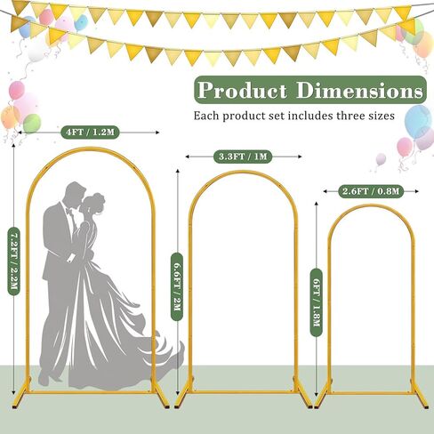 Metal Arch Backdrop Stand Set of 3 (6/6.6/7.2ft), Stable Background Stand with 12Ground Nails, Arch Frame for Wedding, Birthday, Baby Shower, Bridal Shower, Garden Decor, Party Decoration, Gold in Kuwait