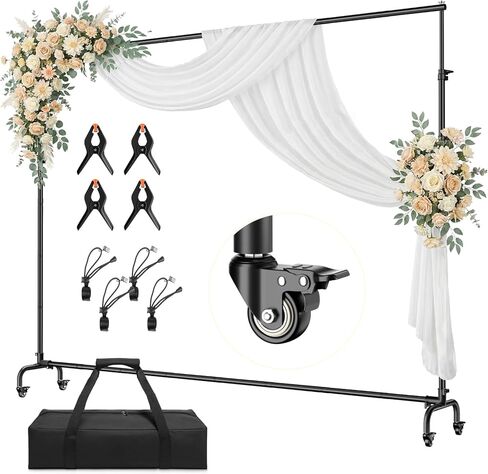 10x7.7FT Heavy Duty Rolling Backdrop Stand, Adjustable Photo Background Banner Stand with Wheels, Portable Support Kit for Wedding, Studio Photography, Party & Event Decoration in Kuwait