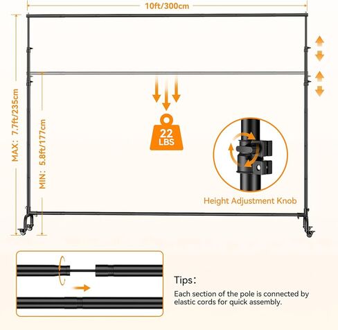 10x7.7FT Heavy Duty Rolling Backdrop Stand, Adjustable Photo Background Banner Stand with Wheels, Portable Support Kit for Wedding, Studio Photography, Party & Event Decoration in Kuwait
