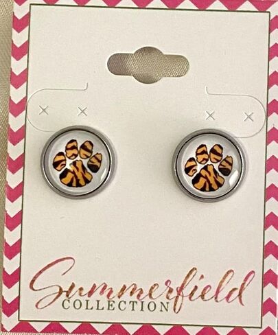 Summerfield Collection Stainless Steel Orange and Black Paw Print Glass Stud Earrings 12mm in Saudi Arabia