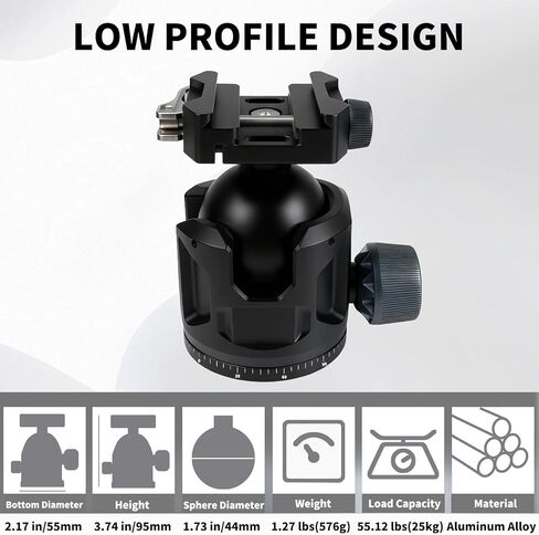 Tripod Ball Head, Low Profile 44mm Heavy Duty Ball Head for Tripod with Arca Swiss & Picatinny, 360° Panoramic Quick Release Plate, 55LBS Load Capacity for Hunting Shooting &DSLR Photography in Saudi Arabia