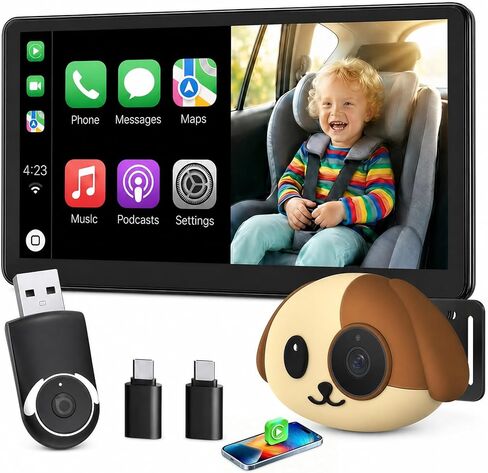 كاميرا سيارة للأطفال 1080 بكسل من Cabin Care مع محول CarPlay لاسلكي لهاتف iPhone فقط، شاشة المقعد الخلفي في الوقت الحقيقي، زاوية واسعة 150 درجة، رؤية ليلية بالأشعة تحت الحمراء، تعمل مع CarPlay السلكية من المصنع (الكلب) in Kuwait