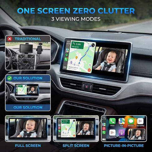 كاميرا سيارة للأطفال 1080 بكسل من Cabin Care مع محول CarPlay لاسلكي لهاتف iPhone فقط، شاشة المقعد الخلفي في الوقت الحقيقي، زاوية واسعة 150 درجة، رؤية ليلية بالأشعة تحت الحمراء، تعمل مع CarPlay السلكية من المصنع (الكلب) in Kuwait