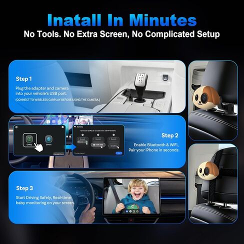 كاميرا سيارة للأطفال 1080 بكسل من Cabin Care مع محول CarPlay لاسلكي لهاتف iPhone فقط، شاشة المقعد الخلفي في الوقت الحقيقي، زاوية واسعة 150 درجة، رؤية ليلية بالأشعة تحت الحمراء، تعمل مع CarPlay السلكية من المصنع (الكلب) in Kuwait