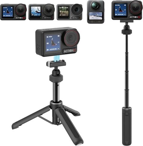 حامل ثلاثي AGVEE لـ DJI Osmo Action 3/4/5 Pro، Osmo 360، ملحقات تركيب مغناطيسية سريعة الفك، أرجل من النايلون المقوى بالألياف الزجاجية، قضيب تمديد عصا سيلفي للسفر على سطح المكتب، أسود in Kuwait