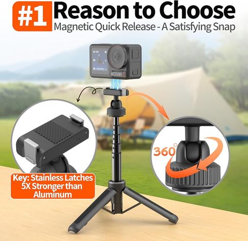 حامل ثلاثي AGVEE لـ DJI Osmo Action 3/4/5 Pro، Osmo 360، ملحقات تركيب مغناطيسية سريعة الفك، أرجل من النايلون المقوى بالألياف الزجاجية، قضيب تمديد عصا سيلفي للسفر على سطح المكتب، أسود in Kuwait