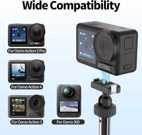 حامل ثلاثي AGVEE لـ DJI Osmo Action 3/4/5 Pro، Osmo 360، ملحقات تركيب مغناطيسية سريعة الفك، أرجل من النايلون المقوى بالألياف الزجاجية، قضيب تمديد عصا سيلفي للسفر على سطح المكتب، أسود in Kuwait
