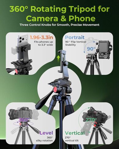 CAMBOFOTO 72" Camera Tripod, Professional Aluminum Tripod Stand for Mirrorless Camera/DSLR/Cell Phone/Camcorder/GoPro, with Phone Holder and Travel Bag (Black) in Saudi Arabia