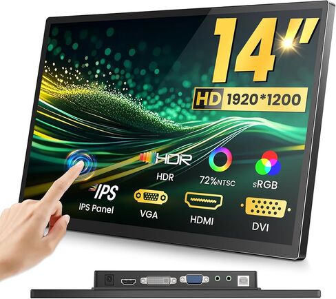 شاشة لمس مقاس 14 بوصة للاستخدام الصناعي بدقة FHD 1920×1200 HDR IPS 500 nits 100% sRGB متعدد المنافذ HDMI VGA DVI متوافقة مع أجهزة الكمبيوتر المحمول PS5/PS4 Xbox/Game in Saudi Arabia