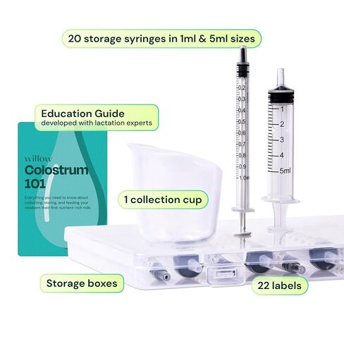 Willow - Colostrum Collection Kit - Colostrum Collector - Collection Cup, 20 Syringes, Lables & Storage Case - Breastfeeding Essentials - Hospital Bag Essentials in Kuwait