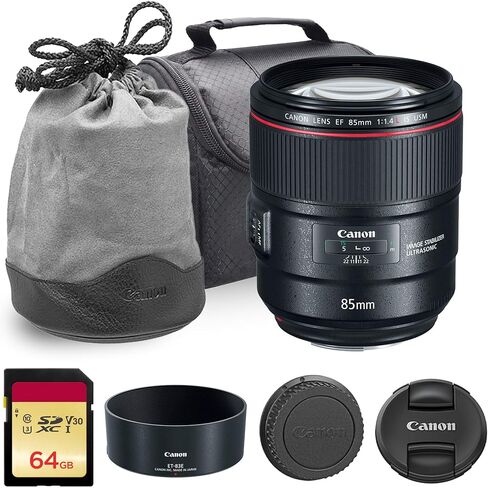 Canon EF 85mm f/1.4L is USM Lens | Professional L-Series Portrait Prime with Fast f/1.4 Aperture, Optical Image Stabilization & USM Autofocus | for Portraits & Weddings (2271C002) + 64GB Card + Bag in Kuwait